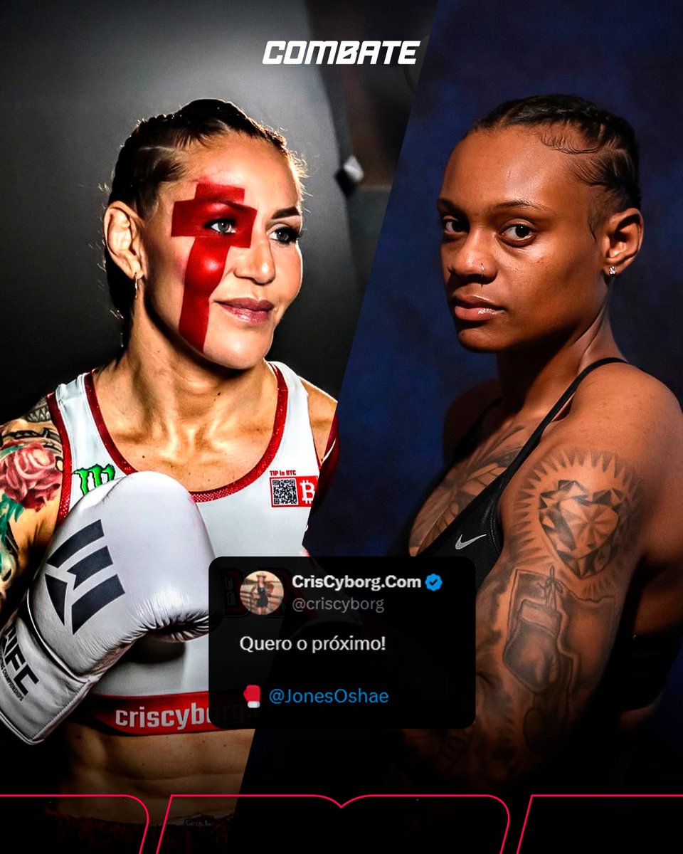 combate's tweet image. Desafiou a campeã 🥊🔥
Cris Cyborg chamou Oshae Jones pra lutar, após a americana defender os títulos da IBF e IBO. Quem levaria a melhor nesse duelo?
#BoxeNoCombate
