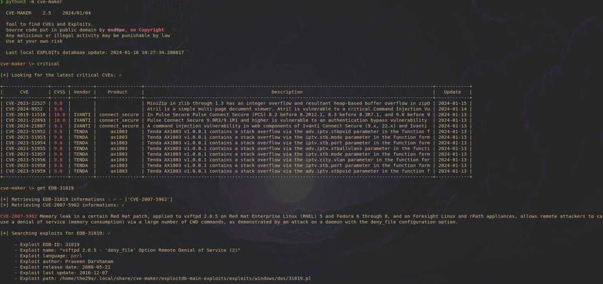 🖥 Repositorio: CVE-MAKER — búsqueda de CVE y exploits

CVE-MAKER — herramienta para detectar, buscar, compilar y ejecutar CVE en una máquina local o remota.

— Esta herramienta permite buscar rápida y fácilmente CVE y exploits relacionados, es capaz de detectar parámetros de