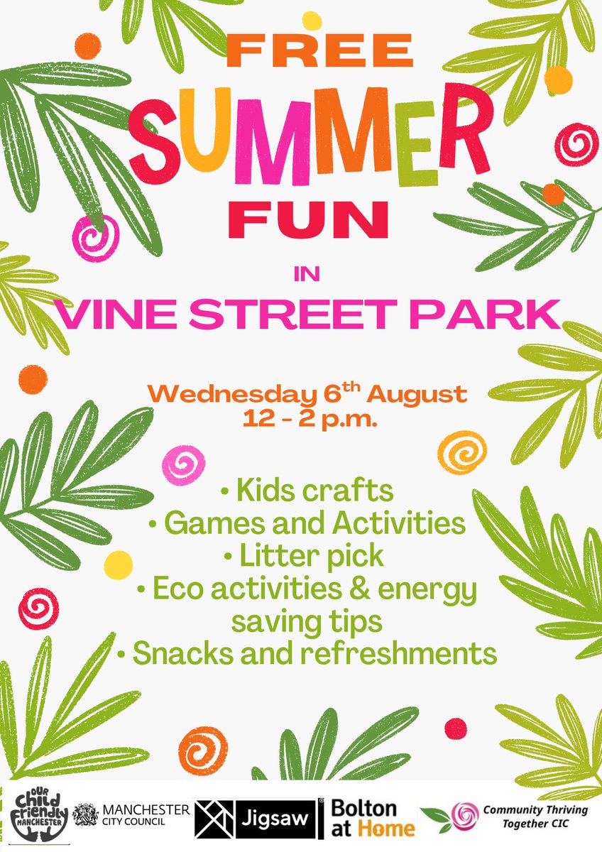 National Play Day takes place on Wed 6th Aug, dedicated to celebrating the importance of play in children’s lives. 
See attached our upcoming event in Vine St Park!
<a href="/CllrJulieReid/">Julie Reid</a> <a href="/JohnHughes55/">John Hughes</a> <a href="/MCRparks_/">MCRparks</a> @Boltonathom <a href="/jigsawhomes/">Jigsaw Homes</a>