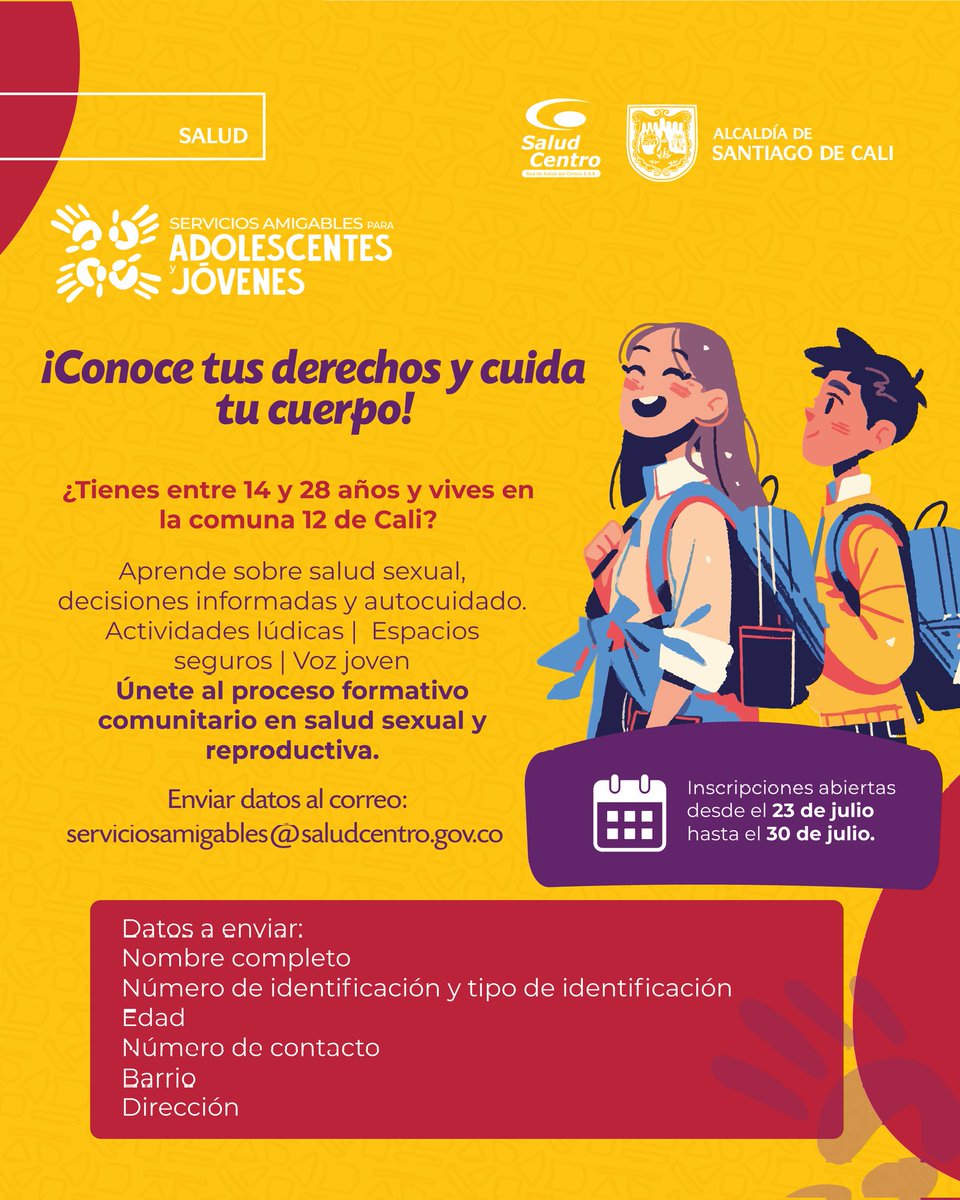Red de Salud del Centro ESE (@redcentrocali) on Twitter photo 📢 ¡Convocatoria para jóvenes y cuidadores de la Comuna 12 de Cali! ⭐️
🗓️ Inscripciones: 23 al 30 de julio
📩 Envía tus datos de inscripción al correo: serviciosamigables@saludcentro.gov.co
#RedDeSaludDelCentro #JóvenesCali #Cuidadores #ServiciosAmigables #SaludParaTodasYTodos 📢 ¡Convocatoria para jóvenes y cuidadores de la Comuna 12 de Cali! ⭐️
🗓️ Inscripciones: 23 al 30 de julio
📩 Envía tus datos de inscripción al correo: serviciosamigables@saludcentro.gov.co
#RedDeSaludDelCentro #JóvenesCali #Cuidadores #ServiciosAmigables #SaludParaTodasYTodos