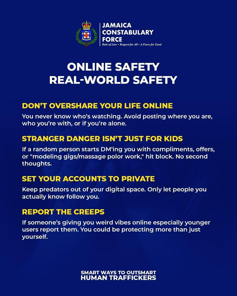 JamaicaConstab's tweet photo. Awareness is the first step toward change. Let’s stand together to raise our voices against human trafficking and support those affected. Here are some safety tips from the JCF. 

#NATFATIP
#EndHumanTrafficking
#AForce4Good https://t.co/vq4AsvO90A
