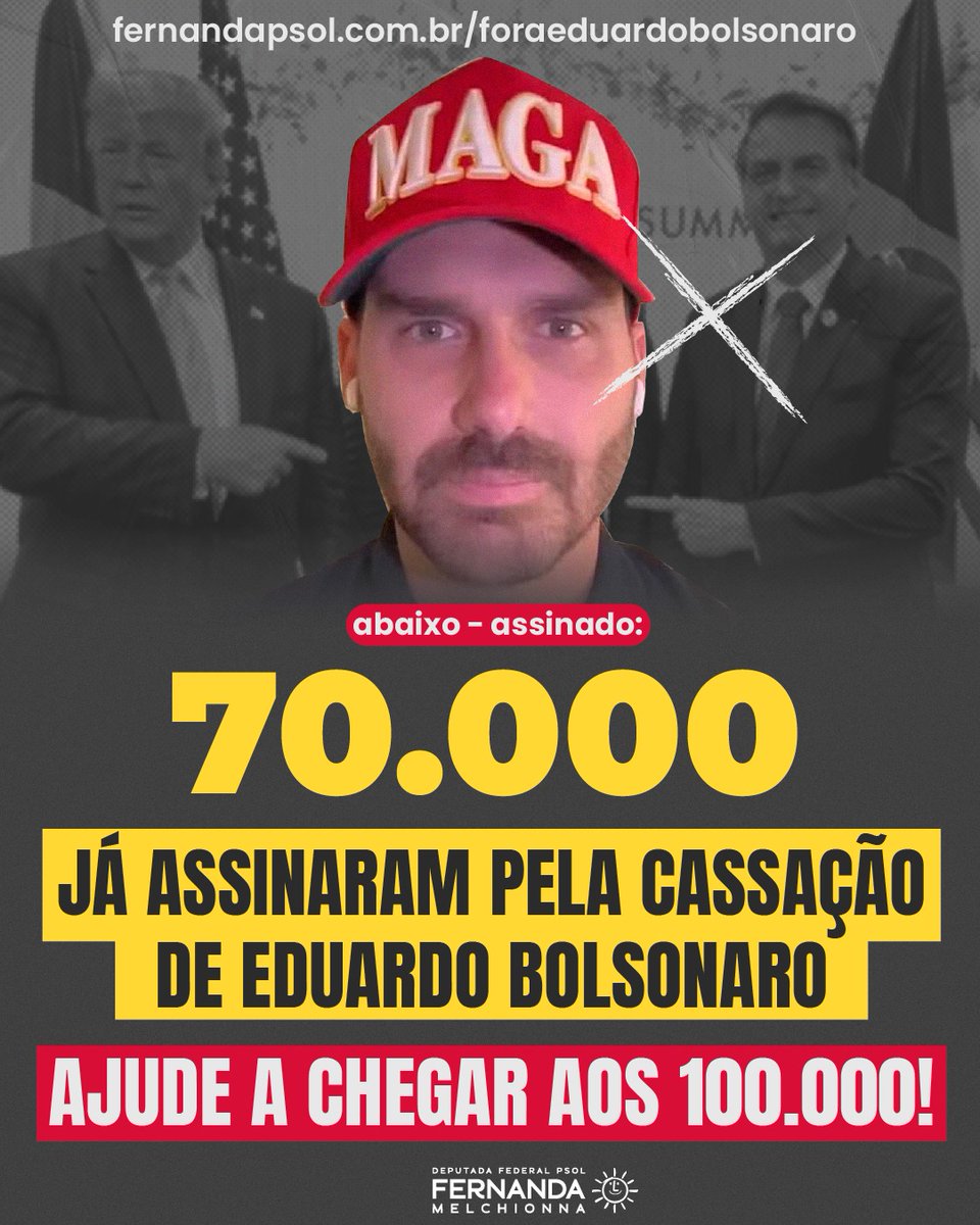 Mais de 70.000 pessoas já assinaram pela cassação do traidor da pátria Eduardo Bolsonaro. É inadmissível que o sabotador continue com seu mandato de deputado federal, enquanto vive nos Estados Unidos conspirando com Trump contra o Brasil.

 O Psol acionou a justiça, através da