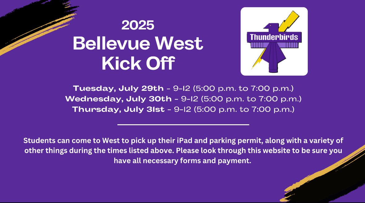 TbirdEMPIRE's tweet image. The start of the new school year is right around the corner and our 2025-26 Bellevue West Kick Off Week begins on Tuesday. Information is below….hope to see everyone on one of these evenings!!!
bellevuewest.my.canva.site/2025bwkickoff