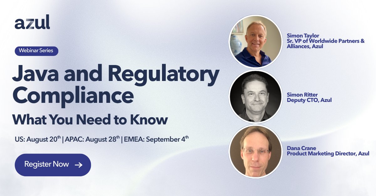 AzulSystems's tweet image. Concerned about compliance during your OpenJDK migration? In our upcoming webinar series, we’ll explore how Azul’s OpenJDK ensures full regulatory coverage across the US, APAC, and EMEA.

Don’t miss out—register now! bit.ly/4kP5PN3

#Java #OracleJava #OpenJDKMigration