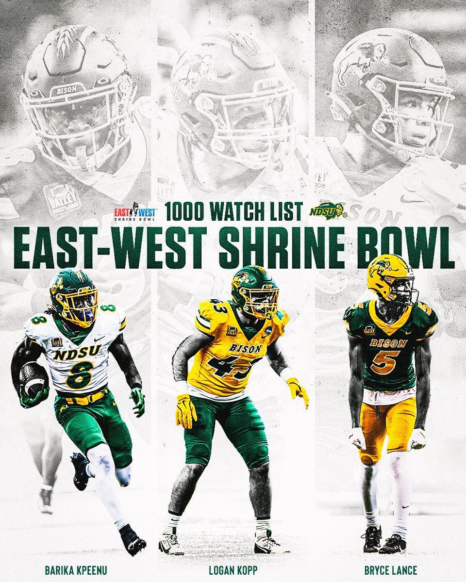 North Dakota State RB Barika Kpeenu, LB Logan Kopp and WR Bryce Lance are on the 1000 Watch List for the 2026 <a href="/ShrineBowl/">East-West Shrine Bowl</a> all-star event scheduled for January 27 in Frisco, Texas.

➡️ shrinebowl.com/shrine-bowl-10…