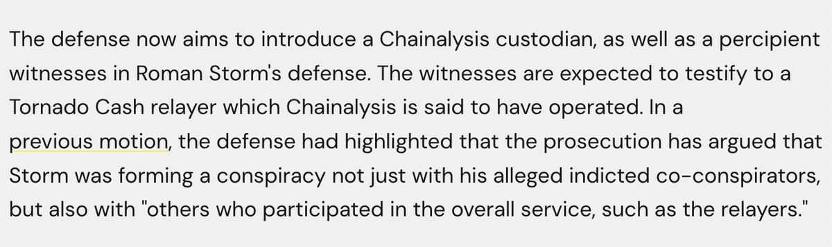 It's a new week in the Tornado Cash trial, and the defense will be making its case.

Likely included will be two witnesses from Chainalysis, after it was revealed that Chainalysis is said to have operated a Tornado Cash relayer.

The defense had previously highlighted that SDNY