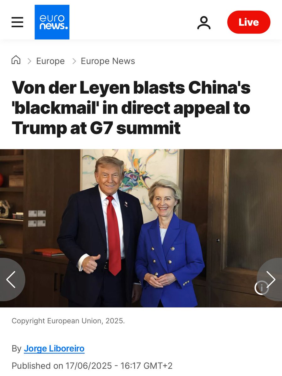 PolitRealist's tweet image. Zur Erinnerung: @vonderleyen hat die Beziehungen zwischen der EU und China zerstört, um Trump in den Arsch zu kriechen. Sie hätte versuchen können, die eine Seite gegen die andere auszuspielen. Aber dafür fehlt ihr einfach der IQ – deshalb haben die Amerikaner sie befördert. Am…