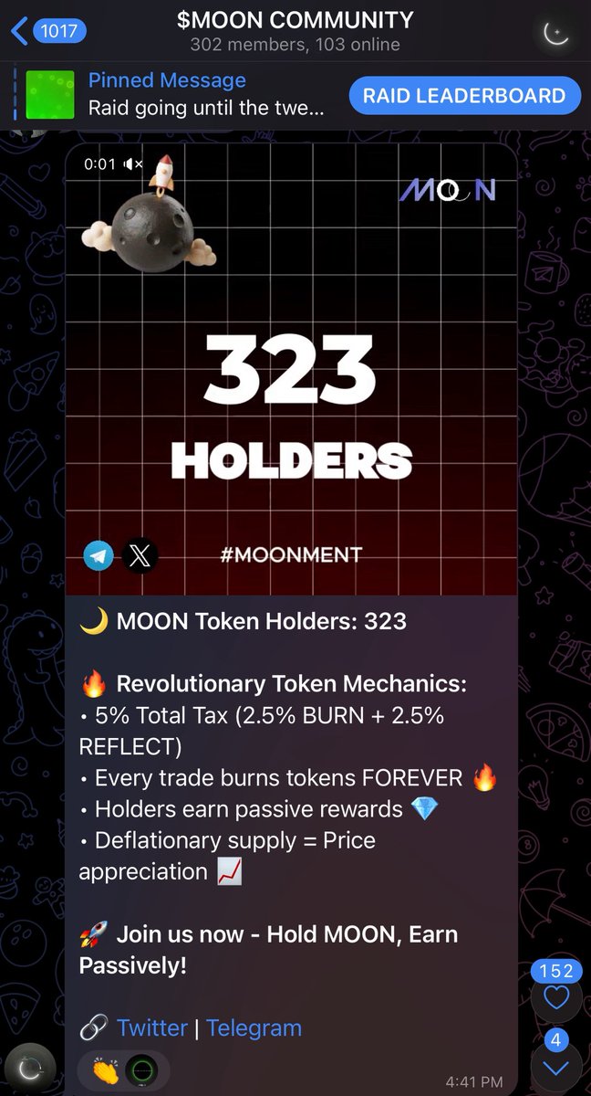 The #MOONMENT is simple different.

Another TG bot, created by the community for the community.

All burns are now live tracked in the main TG.

Regardless of PA, the #MOONMENT gets stronger and stronger.

🌑
