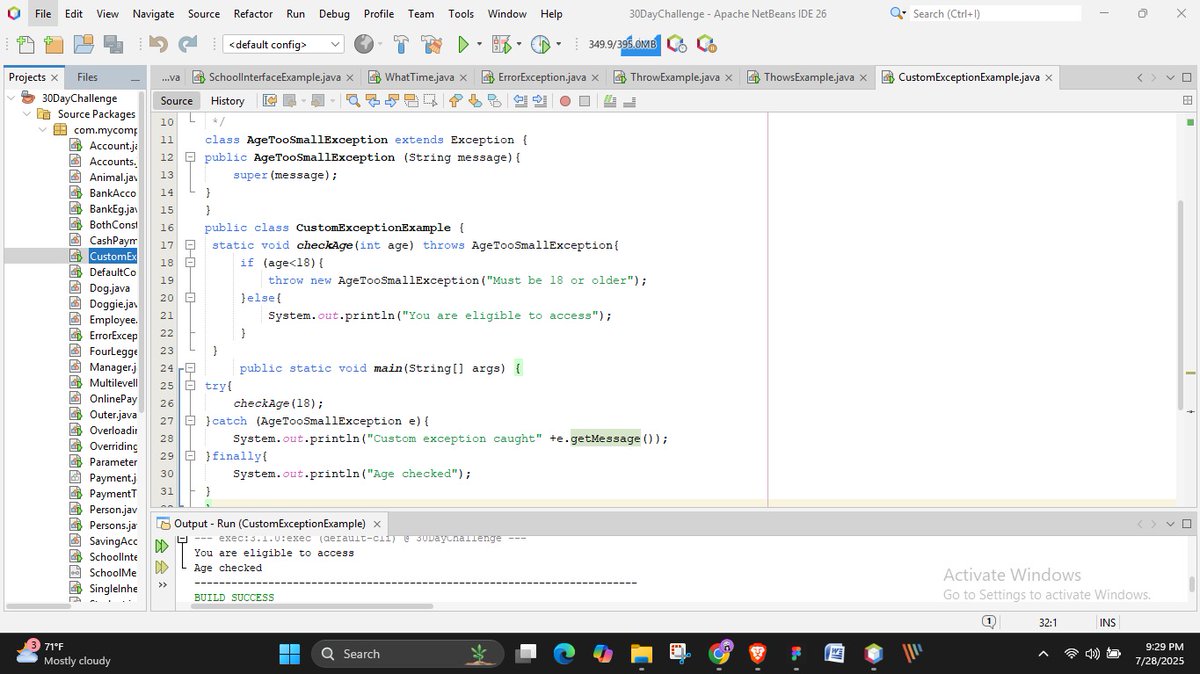Rupika_bajra's tweet photo. Day 12 of #pitc30days
Today, I explored exception handling in Java more thoroughly. I learned how to use the throw and throws keywords to handle custom and built-in exceptions effectively.
#pitc2025 #pitc_java #primeitclub @_primeitclub #learningwithpitc https://t.co/xt4LEFUERR