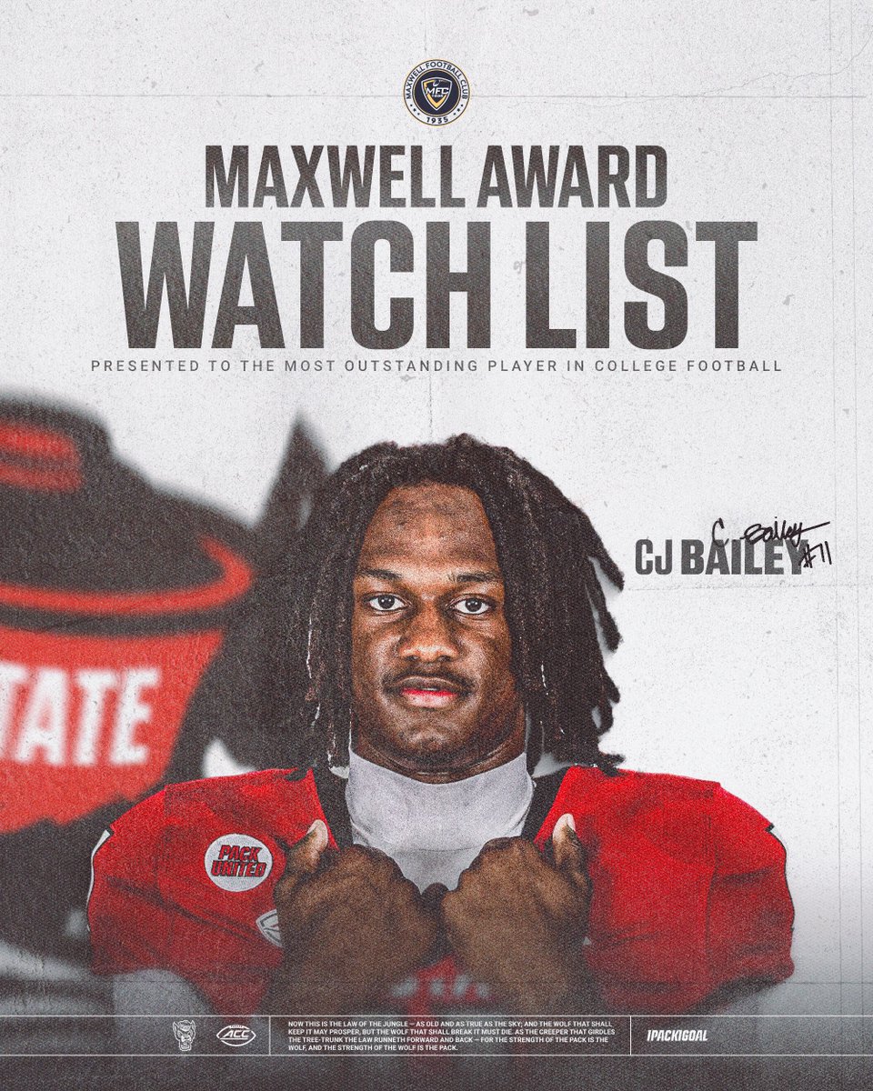 NC State Football (@packfootball) on Twitter photo The one to watch.
<a href="/Cedrickbailey11/">Cedrick Bailey</a> has been named to the Maxwell Award Watch List, presented annually to the most outstanding player in college football.
📰: tinyurl.com/26p6w7k7 The one to watch.
<a href="/Cedrickbailey11/">Cedrick Bailey</a> has been named to the Maxwell Award Watch List, presented annually to the most outstanding player in college football.
📰: tinyurl.com/26p6w7k7