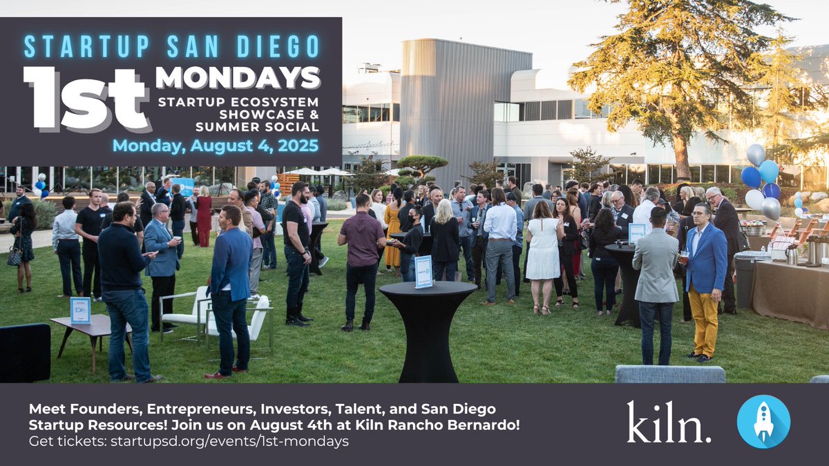 Happening August 4th, join <a href="/StartupSanDiego/">Startup San Diego</a> for  –  1st Mondays Summer Social &amp; Startup Ecosystem Showcase presented by <a href="/gatheratkiln/">Kiln.</a>! Connect with mentors, partners, and community leaders driving innovation in our region.

🚀 Get 1st Mondays tickets: bit.ly/1stmondaysatki…