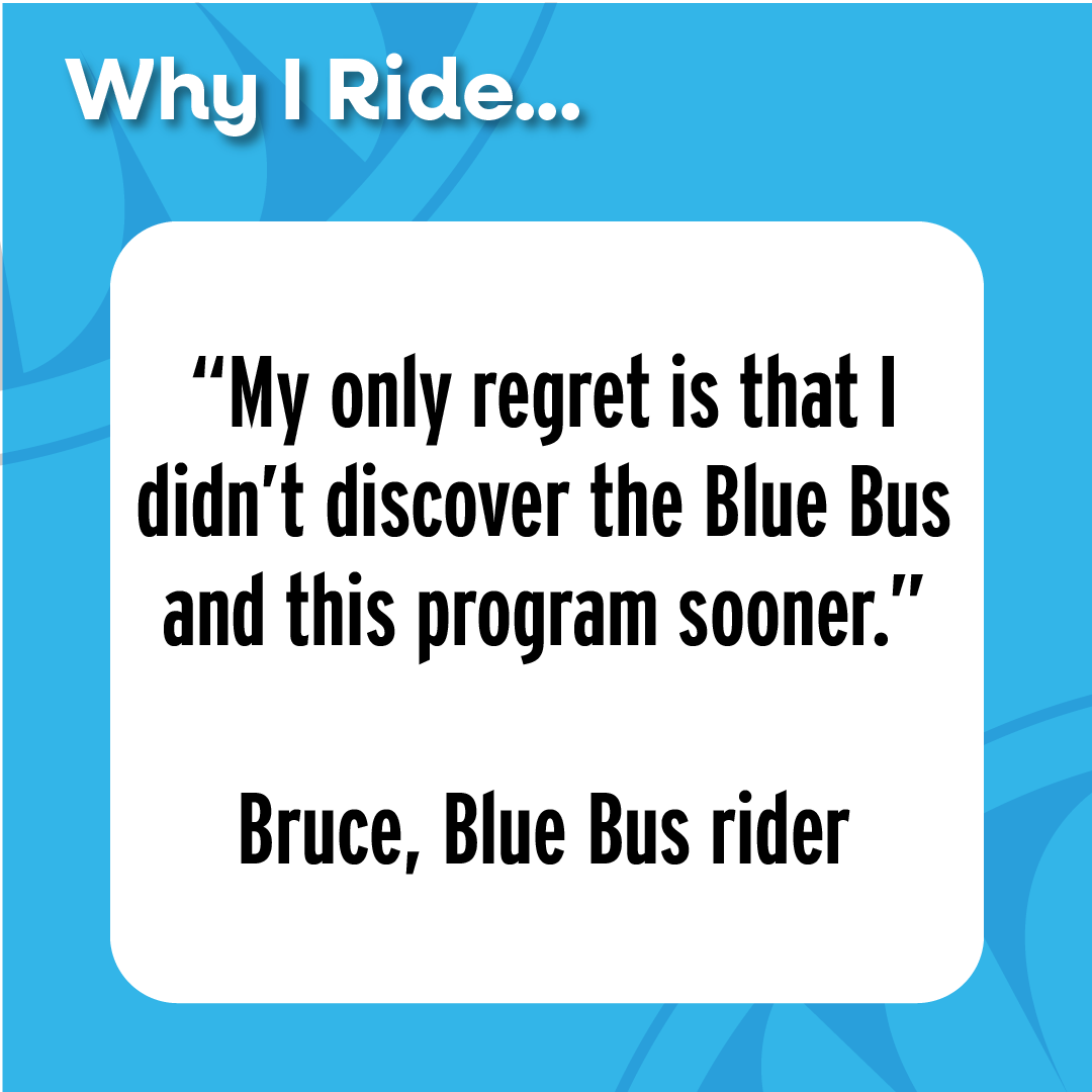 Ride_TheBlueBus's tweet image. Meet Bruce, they’ve been a Blue Bus rider since 2023 and uses our MyBlue™, paratransit and fixed route services to get to medical appointments and around town.

Thank you for riding the Blue Bus, Bruce!