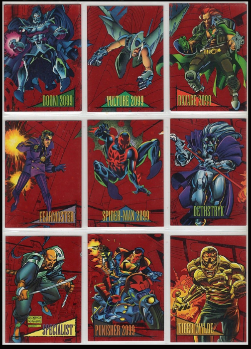 AustinGorton's tweet image. Here's the full page of the 2099 red foil inserts! 

I think the background is meant to be some kind of tiered cityscape like the New Warriors cards, but the red foil effect makes it all much more abstract. 

#TradingCardADay #MU4 #Marvel2099
