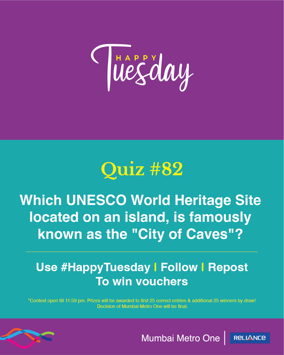 #HappyTuesday quiz is here! 

The 82nd edition is about a rock-cut cave complex, off the coast of Mumbai.

Prizes will be awarded to 50 winners, the first 25 correct entries, and an additional 25 winners by draw.

Follow, Repost and Use #HappyTuesday (all mandatory) to win.