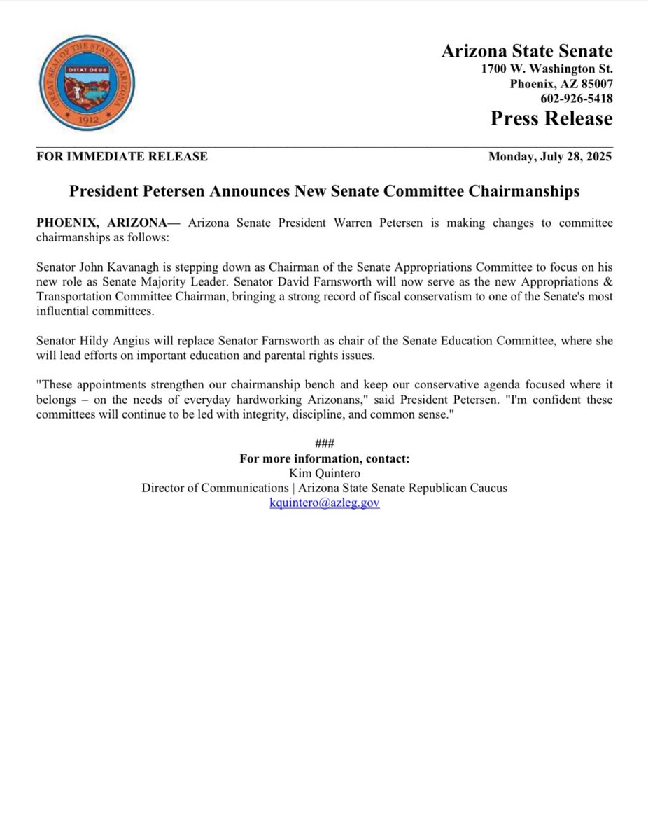 AZSenateGOP's tweet image. 🚨FOR IMMEDIATE RELEASE: President Petersen Announces New Senate Committee Chairmanships
Full press release: azsenaterepublicans.gov/post/president…
@votewarren