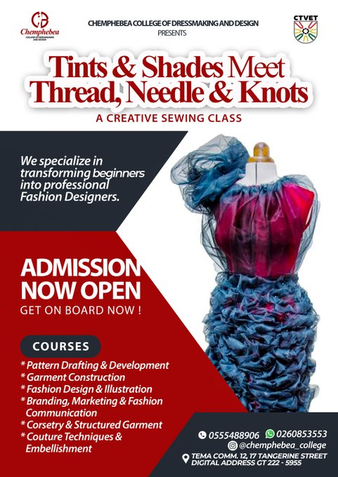 _adongodaniel's tweet photo. @UNICAForg Admission Open! Become a professional fashion designer at Chemphebea College of Dressmaking  Learn: Garment Construction Fashion Illustration Pattern Drafting Branding &amp; more! 📍 RP 8WE/28A, Tangerine Street, Tema, Community 12
0555488906 / 0260853553 https://t.co/WbM7QiSEGM
