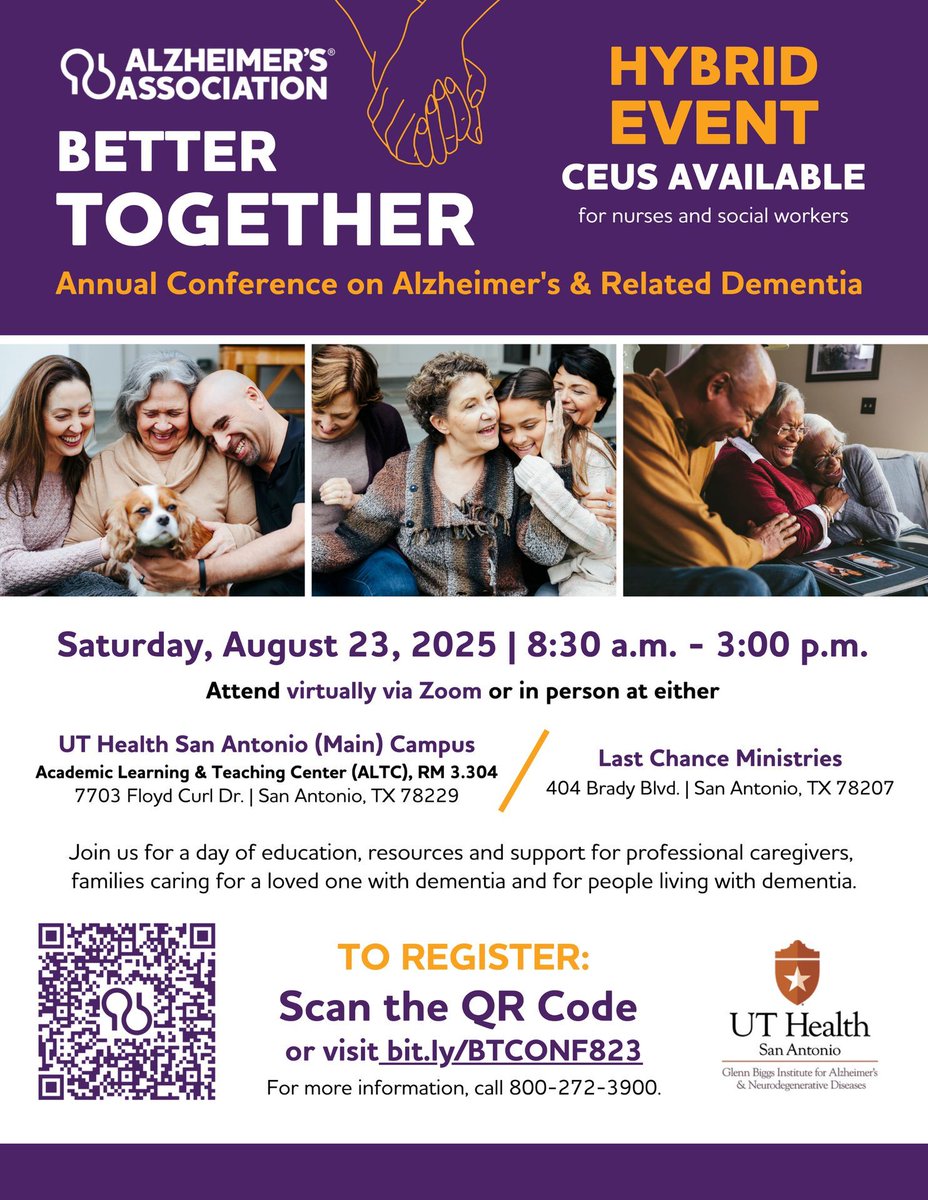 You and your loved ones are invited to attend the Alzheimer’s Association’s Annual Caregiver Better Together Conference, either in person or virtually, on Saturday, August 23, from 8:30 a.m. to 3:00 p.m. For your convenience, there will be two in-person locations available: UT