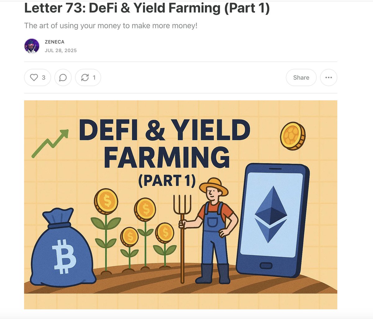 afoxinweb3's tweet image. GM! I recommend reading @Zeneca's latest post called
"DeFi & Yield Farming (Part 1)"
It's a great primer for people wanting to learn about DeFi and Yield
Zeneca's newsletter is one of the best in the space, I couldn't recommend it more
Plus there was a little mention of…