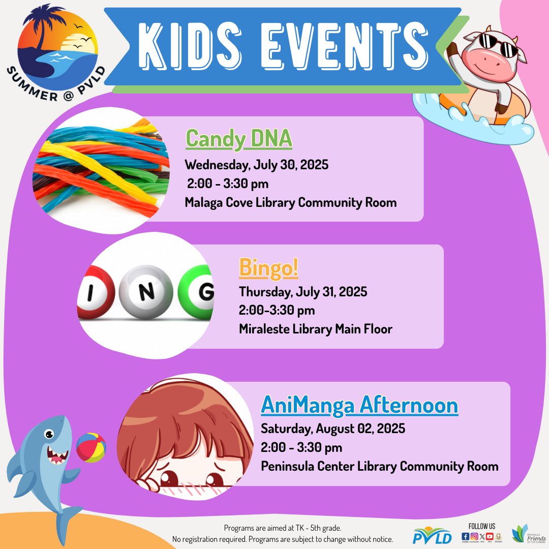 Summer @ PVLD may be nearing its end, but that doesn't mean the fun has to stop! This week we will be having some candy crafts, bingo, and an AniManga Afternoon for kids at all three branch locations! pvld.org/summer-pvld-ki… #summerreading #pvld