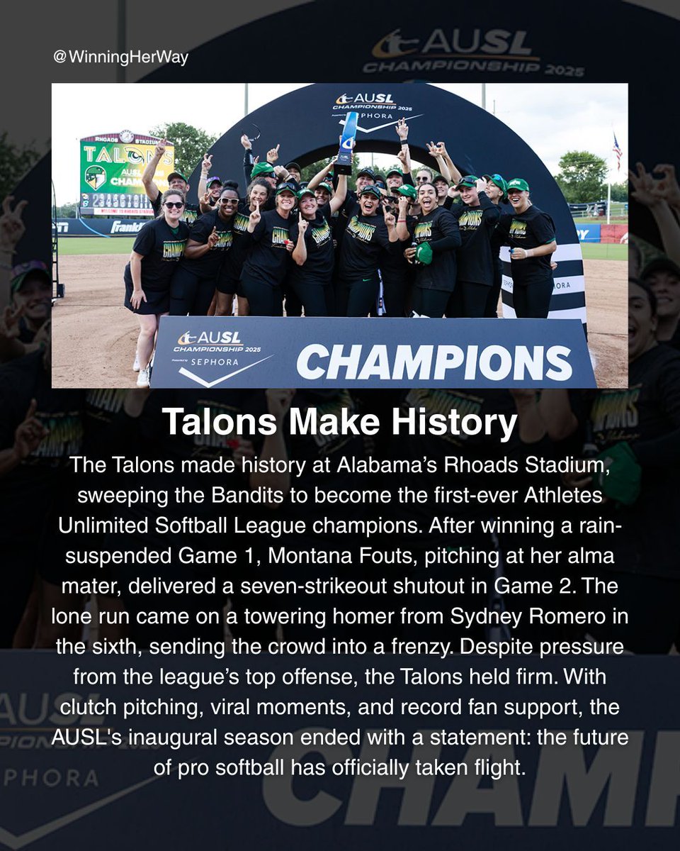Winningherway's tweet image. The Talons capped off a dominant season with a championship sweep, securing their place in AUSL history and proving the future of pro softball is here. 🏆🥎 

#AUSLChampions #Talons #WomensSports #Softball #ProSoftball #HistoryMade #SoftballLife #WomensProSports #winningherway