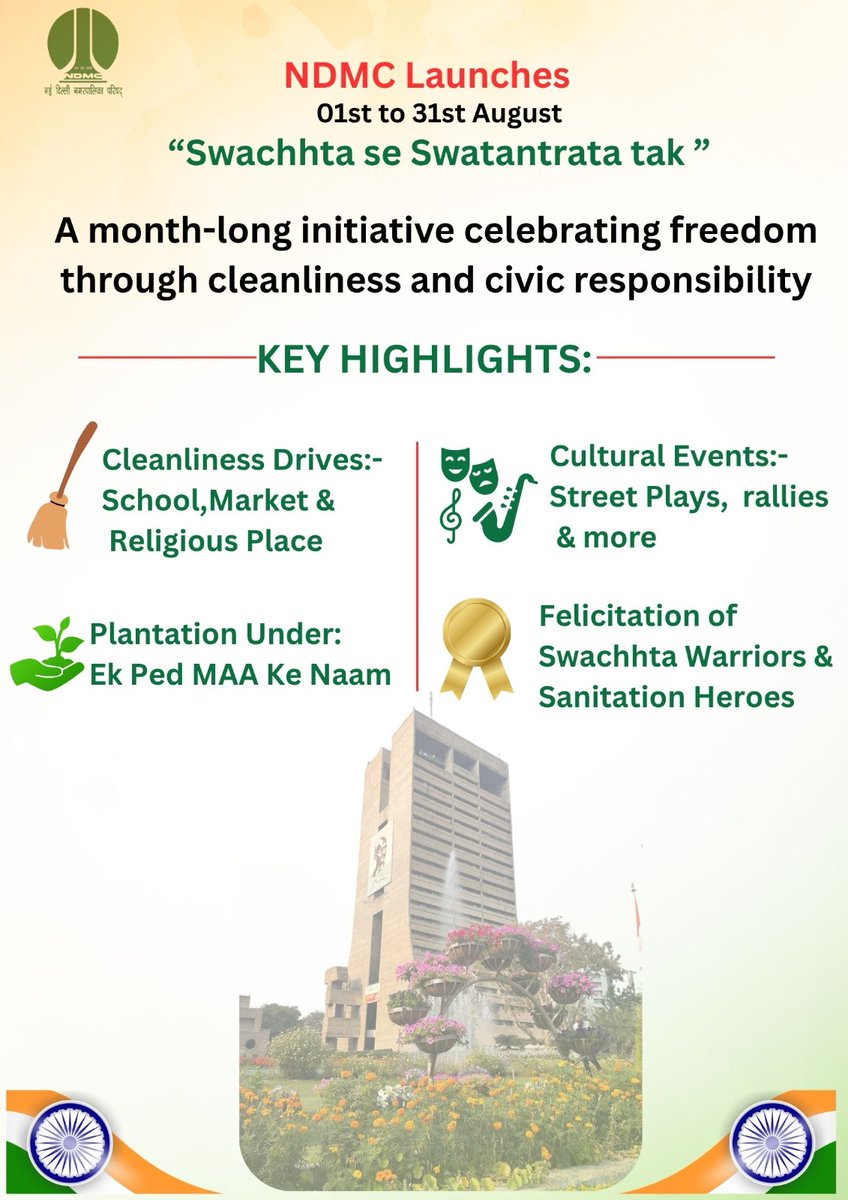 tweetndmc's tweet image. 🇮🇳 NDMC launches “Swachhta se Swatantrata tak” (1–31 Aug)
🧹 Cleanliness Drives
🎭 Street Plays &amp;amp; Rallies
🌿 Ek Ped Maa Ke Naam Plantation
🏅 Felicitating Swachhta Warriors

#NDMC #SwachhtaSeSwatantrataTak #SwachhBharat #AzadiKaAmritMahotsav