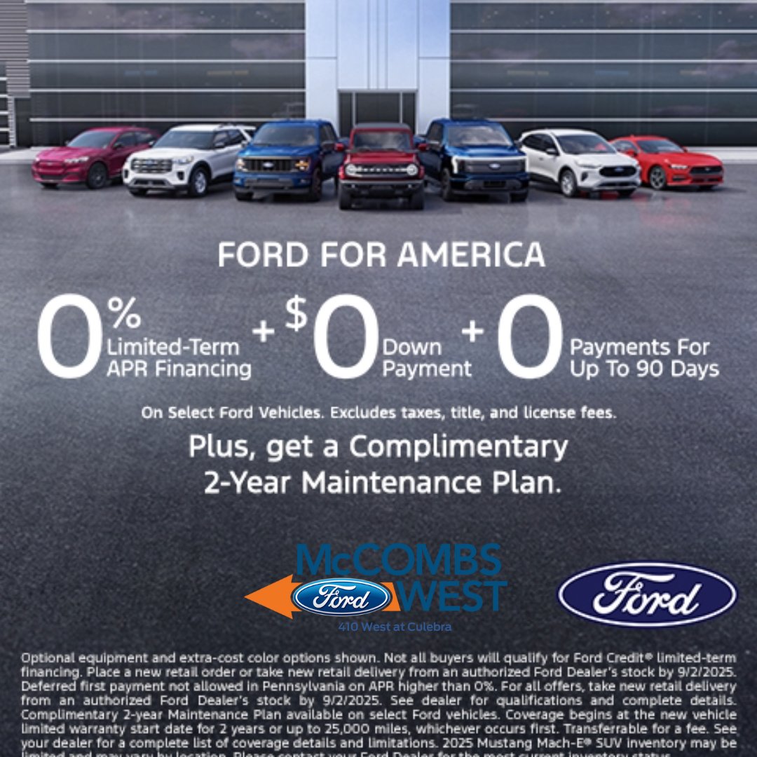 🌞🚗 Get behind the wheel of a brand new Ford with $0 down payment, 0% APR, and NO payments for up to 90 days (with approved credit)!

Don’t miss out on this amazing opportunity to upgrade your ride. Visit us today!

#McCombsFordWest #SummerSale