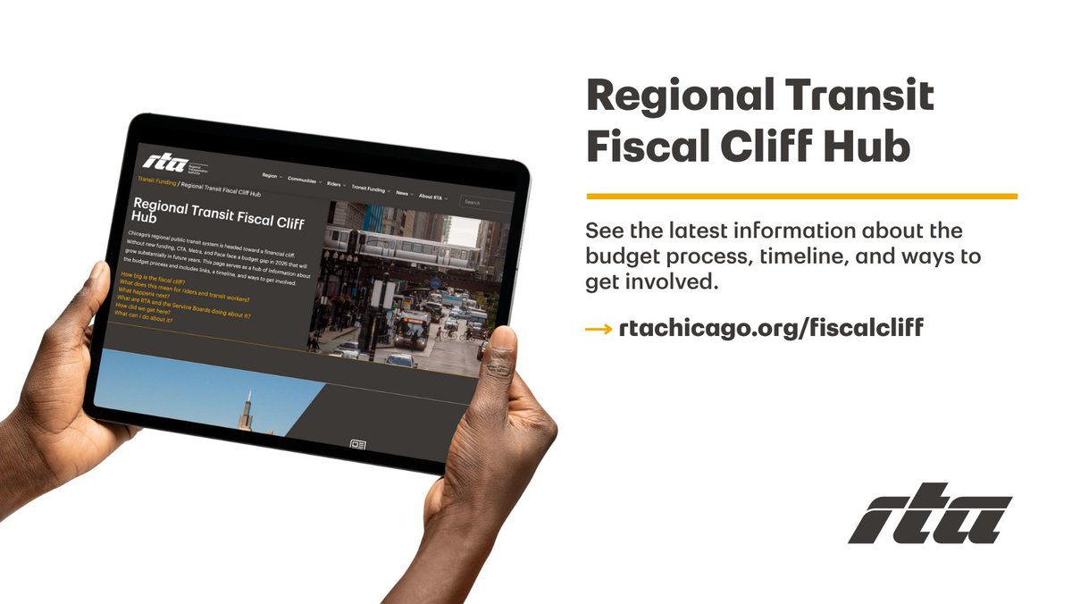RTA_Chicago's tweet image. ‼️ The RTA has launched a new webpage to serve as an information hub on the regional fiscal cliff. Users can learn about the current budget process, view a timeline, and learn ways to get involved.
Check regularly for updates by visiting rtachicago.org/fiscalcliff. 🚉📱