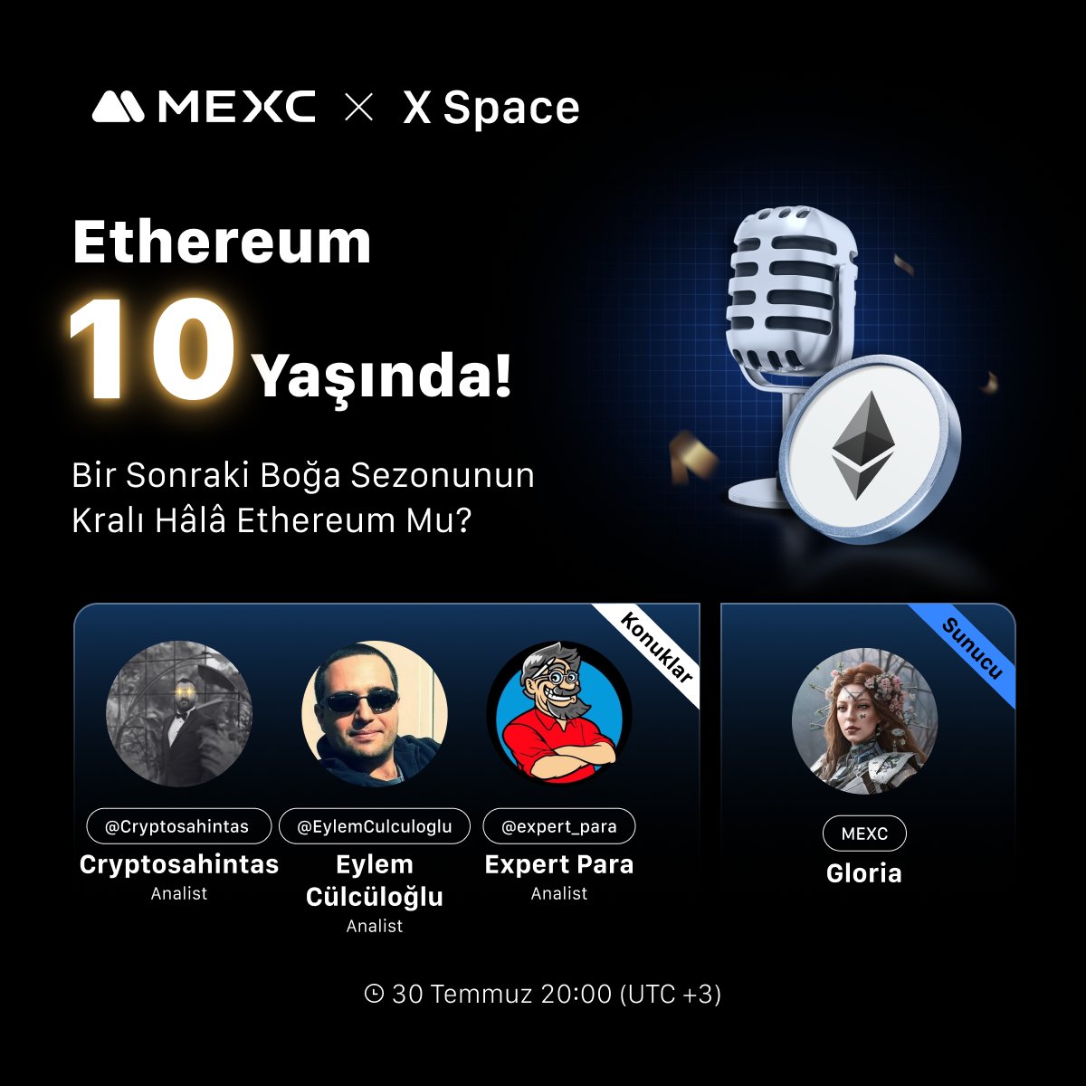 🎉 Ethereum 10 yaşında! #MEXC olarak $ETH'nin Doğum Günü'nü AMA X Space Canlı Yayını ile Kutluyoruz!

✨ X Space Canlı Yayına Özel Paylaş Kazan Etkinliğine Katılarak 200 $USDT Ödül Havuzundan Payınızı Kazanma Şansını Kaçırmayın!

✅ Gleam görevlerini tamamlayarak formu