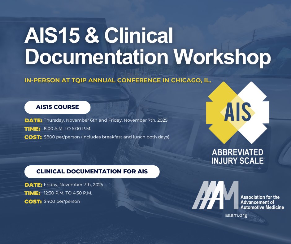 📢Attention all clinicians and trauma injury specialists: AAAM will be hosting two onsite AIS courses during the American College of Surgeons (@amcollsurgeons)' 2025 TQIP Annual Conference. 

Don't miss out. Learn more &amp; register today: pathlms.com/aaam/pages/ons… 

#AAAM #AIS