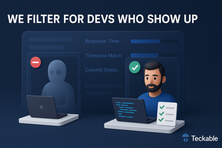 Hiring remote devs is risky when they ghost mid-project.

At Teckable, we built a system to filter for reliability, not just code skills.

Because consistency ships more product than IQ ever will.

Get more at Teckable - teckable.com