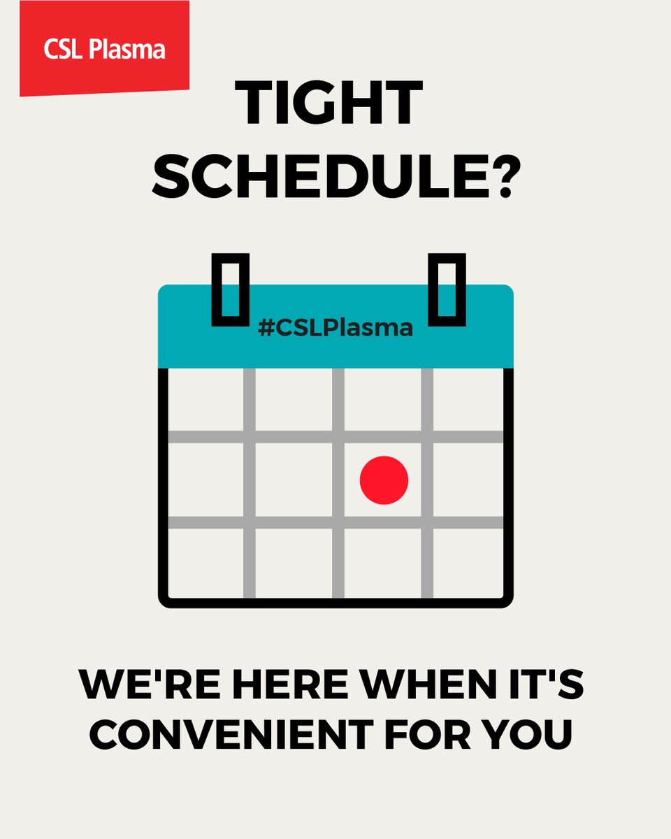 CSLPlasma's tweet image. Tight schedule? No worries! #CSLPlasma is here when you need us. Navigate to our website, find your local center, and review our hours of operation so you can find the time that works for you to #DoTheAmazing
