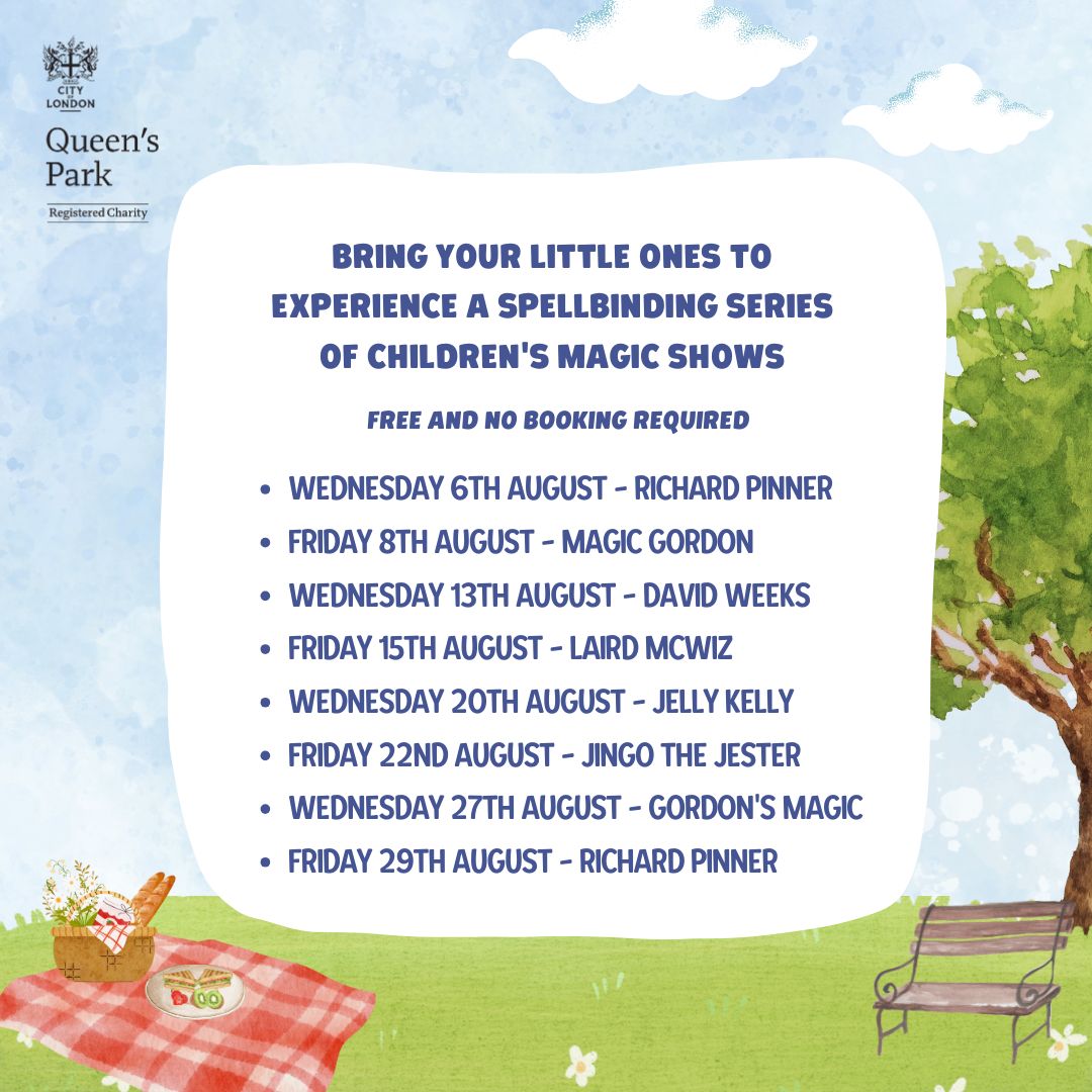 ✨ Magic &amp; Marvels in Queen's Park!
Free kids' magic shows every Wednesday &amp; Friday at 3PM this August.
No booking needed — just bring the family &amp; enjoy! 🎩🎉
📍 Field of Hope, near the playground
More info here: ow.ly/eP4650Wrf2T
#FreeFun #QueensPark #FamilyMagic