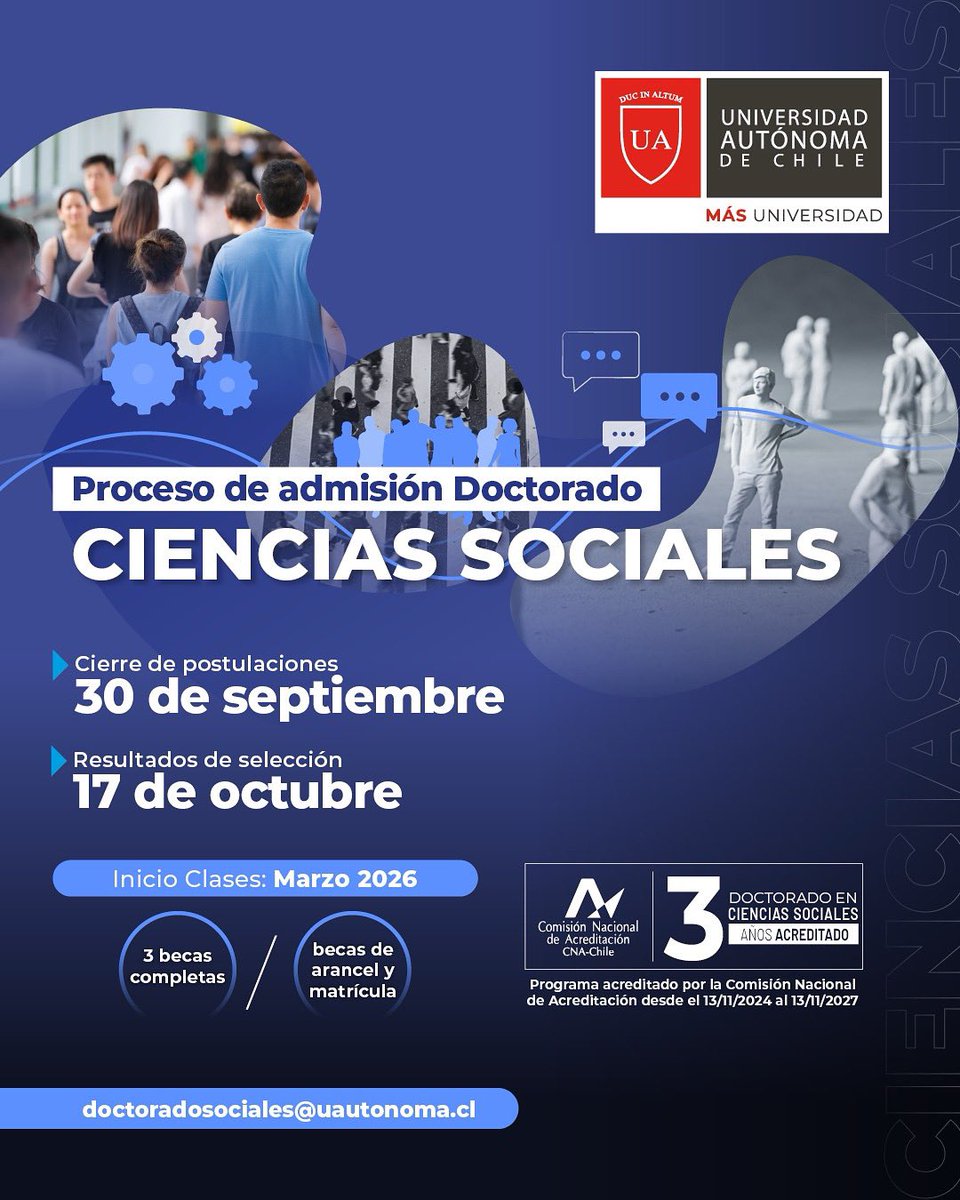 🎓 El Doctorado en Ciencias Sociales de la <a href="/autonomadechile/">Universidad Autónoma de Chile</a> lanza su segundo proceso de admisión 2025.

Programa acreditado por la CNA, con enfoque territorial y multidisciplinario, dirigido a profesionales con magíster en disciplinas afines.

Detalles: uautonoma.cl/doctorado-en-c…