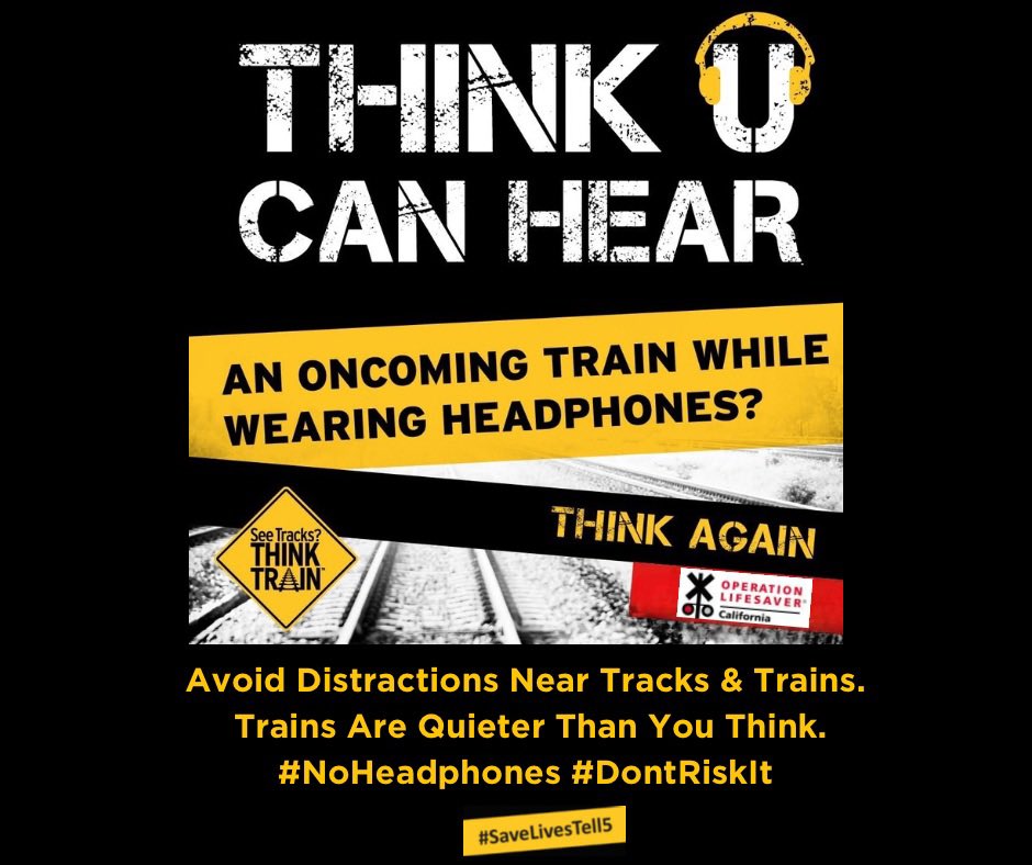 CAOpLifeSaver's tweet image. 🎧 Love Your Music? Save it for later! NEVER near railroad tracks! Headphones can block the sound of an approaching train. It is dangerous and can be deadly. #StayAlert  #NoTexting #NoHeadphones #NoDistractions #DontRiskIt #RespectTheRails #SaveLivesTell5