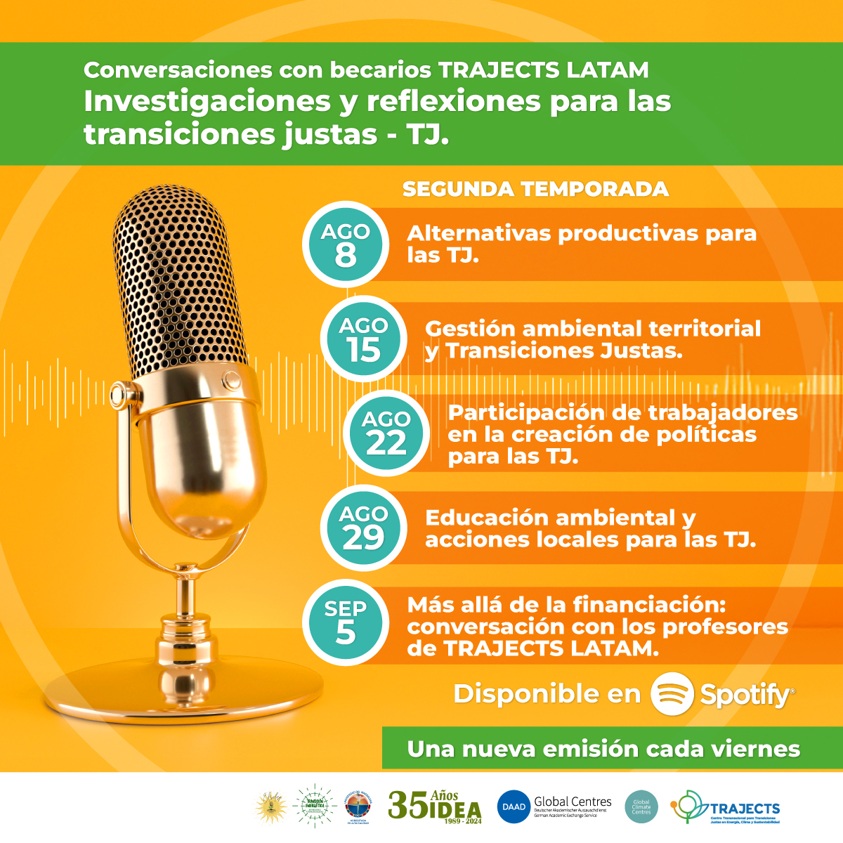 TRAJECTS_Centre's tweet photo. [1/3] ¡Es oficial!🚀 La temporada 2 de nuestro podcast sobre #TransicionesJustas llega el 8 de agosto.

Acompaña a nuestros becarios #TRAJECTS en un viaje por los desafíos y oportunidades para un futuro más justo y sostenible.

¡Cada viernes en Spotify!👇
https://t.co/zlQbh3nemN https://t.co/dQVjNFodug