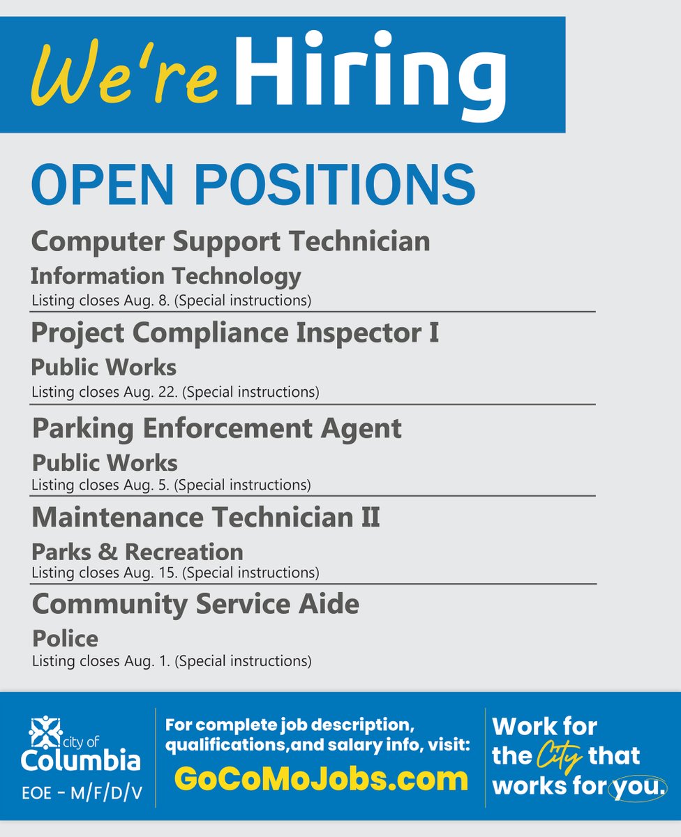 The City of Columbia is hiring!

City employment comes with an excellent compensation package including medical, dental and vision insurance, paid time off, education and retirement benefits and more!

View up-to-date salaries and job descriptions at ow.ly/fuR850Uzmmy