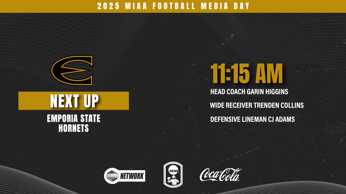 TheMIAA's tweet image. 𝐍𝐄𝐗𝐓 𝐔𝐏: Today&apos;s hometown team. 

@esuhornetsfb Head Coach Garin Higgins and student-athletes Trenden Collins and CJ Adams take the press conference stage to discuss the upcoming season. 

Watch the action live on TheMIAANetwork.com/MIAA!