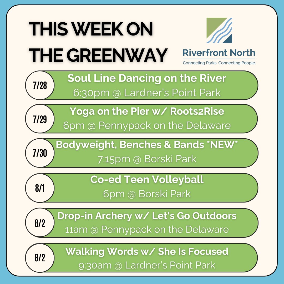 Here's your lineup of free outdoor fun along the river this week! Hope to see you out there 🏋️🏹✨

riverfrontnorth.org/events