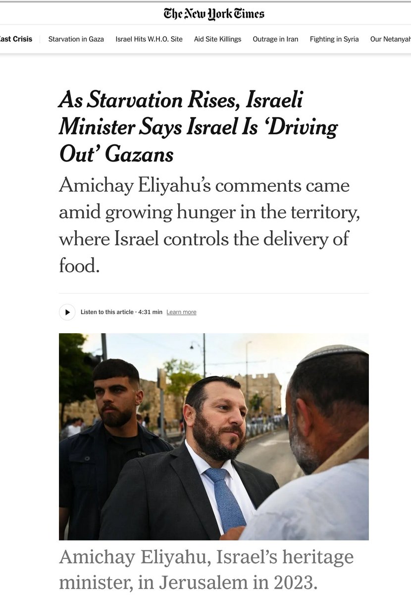 Israel's fascist minister Amichai Eliyahu, who previously suggested dropping nuclear bombs on Gaza, openly boasts that the colonial regime is "driving out the population" and “rushing toward Gaza being wiped out”.

They're not hiding that this is genocide; they're proud of it.