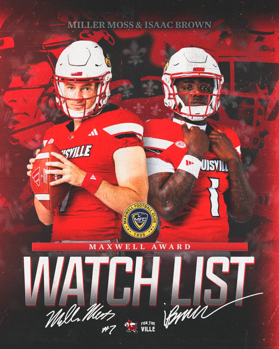 Louisville Football (@louisvillefb) on Twitter photo Two of the best 😤
<a href="/millermoss7/">Miller Moss</a> & <a href="/isaac6brown_/">Isaac Brown</a> have been named to the Maxwell Award Watch List
Details: uofl.me/4mAzBGX
#GoCards Two of the best 😤
<a href="/millermoss7/">Miller Moss</a> & <a href="/isaac6brown_/">Isaac Brown</a> have been named to the Maxwell Award Watch List
Details: uofl.me/4mAzBGX
#GoCards