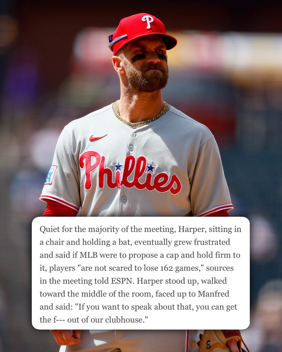 Foul Territory (@foulterritorytv) on Twitter photo During a meeting between Phillies players and Rob Manfred, Bryce Harper reportedly told the commissioner to "get the f**k out of our clubhouse" if he wanted to talk about the possible implementation of a salary cap.
(Via: <a href="/JeffPassan/">Jeff Passan</a>) During a meeting between Phillies players and Rob Manfred, Bryce Harper reportedly told the commissioner to "get the f**k out of our clubhouse" if he wanted to talk about the possible implementation of a salary cap.
(Via: <a href="/JeffPassan/">Jeff Passan</a>)