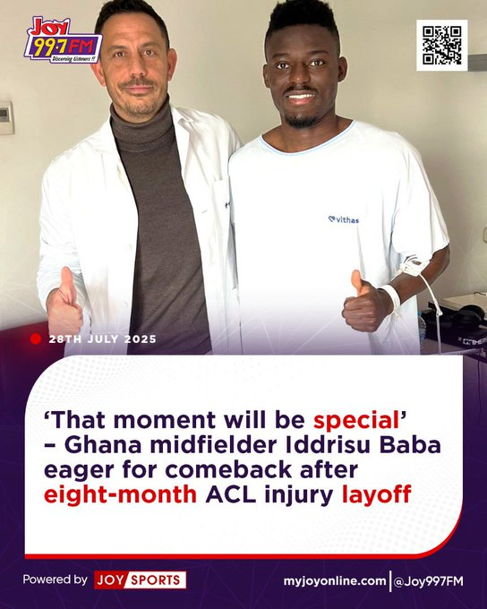 LuvFM995's tweet image. ‘That moment will be special’ – Ghana midfielder Iddrisu Baba eager for comeback after eight-month ACL injury layoff

myjoyonline.com/that-moment-wi…

#LuvSports