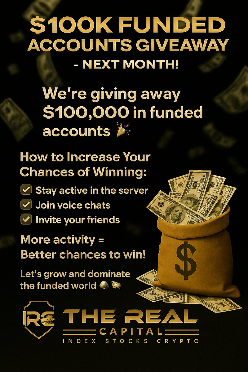 🚨 100K Worth of Funded Accounts Giveaway Next Month! 🚨

We’re giving away $100,000 worth of funded accounts next month! 
STEPS:
1- Follow on insta REAL CAPITAL 
2- Subscribe on youtube  REAL CAPITAL 
3- RT, COMMENT AND LIKE.