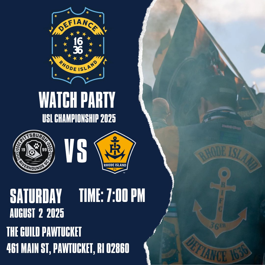 Join us this Saturday at 7PM EST as Rhode Island FC takes on the Pittsburgh Riverhounds in USL Championship action!

📍 The Guild Pawtucket
📅 August 2, 2025
🕖 Kickoff at 7:00 PM

#RhodeIslandFC #Defiance1636 #USLChampionship #RIFC #Pawtucket #ForeverFaithfulRI