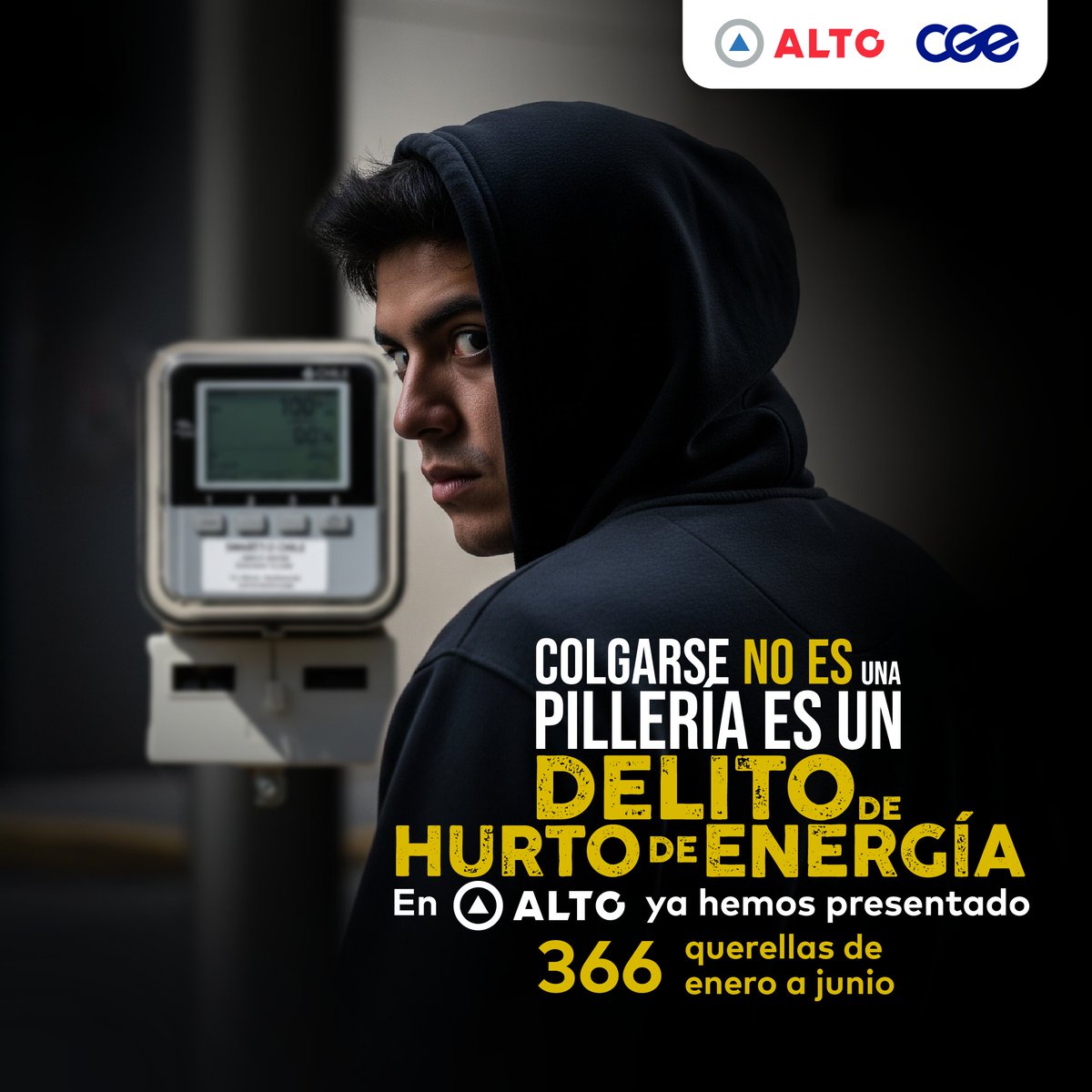 ⚠️ Colgarse no es una pillería, es un delito ⚠️
En CGE, junto a <a href="/ALTOCompany/">ALTO</a> , seguimos fortaleciendo las acciones legales para combatir el hurto de energía, un delito que compromete la seguridad y calidad del suministro eléctrico.

📊 En lo que va del año, ya hemos interpuesto