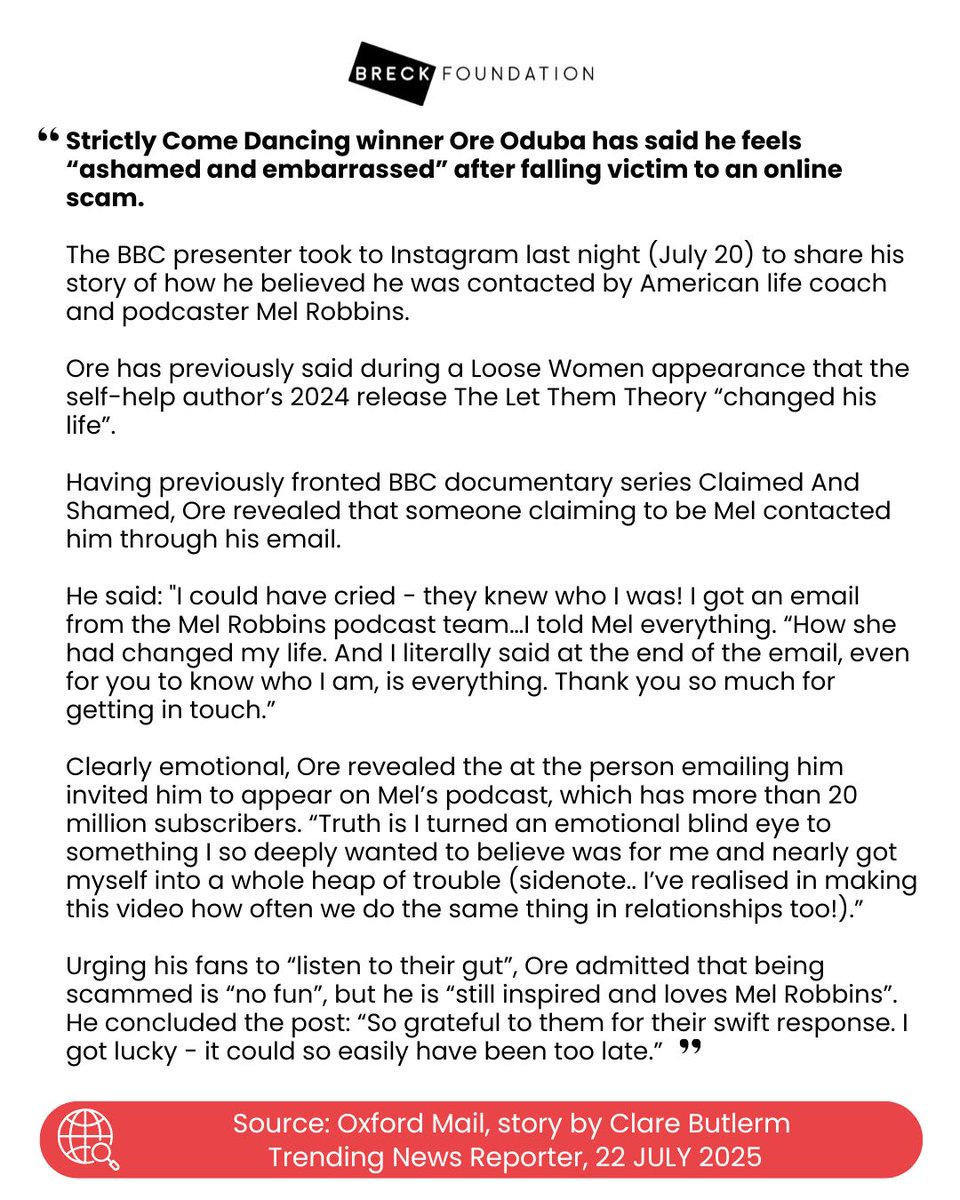 Breck Foundation (@breckfound) on Twitter photo Even adults can fall victim to online scams. If something feels “too good to be true”, pause and check before you click or reply. Trust your gut, it’s your best online safety tool!
Thank you for sharing your story.
Read the full article: buff.ly/ykCgI8z by <a href="/TheOxfordMail/">Oxford Mail</a> Even adults can fall victim to online scams. If something feels “too good to be true”, pause and check before you click or reply. Trust your gut, it’s your best online safety tool!
Thank you for sharing your story.
Read the full article: buff.ly/ykCgI8z by <a href="/TheOxfordMail/">Oxford Mail</a>