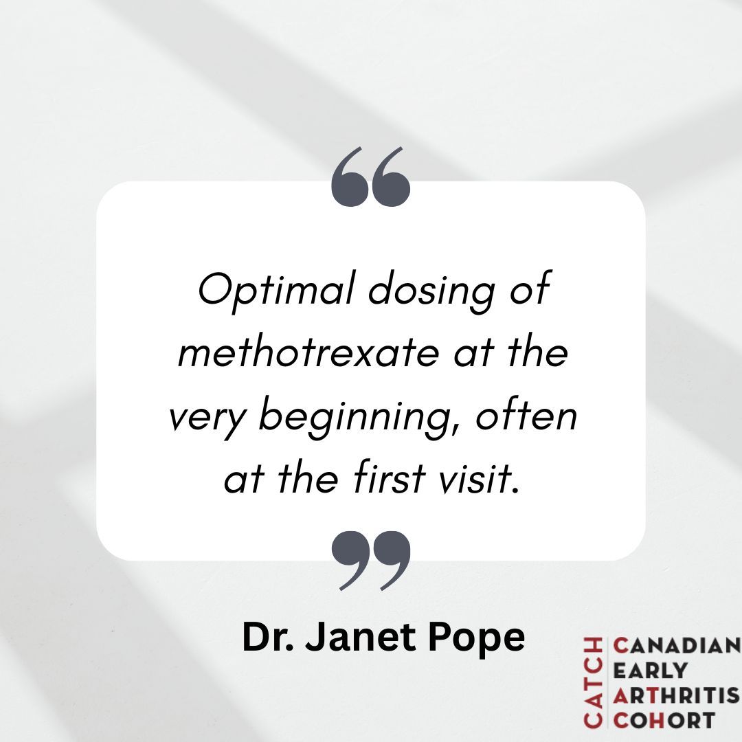 In our #Top15 #CATCHLearnings, Dr. Janet Pope shares a key insight for rheumatologists: Starting #methotrexate—often at the very first visit—is linked to a greater chance of achieving remission at 1–2 years post-diagnosis. 

Early use of methotrexate or combo DMARD therapy makes