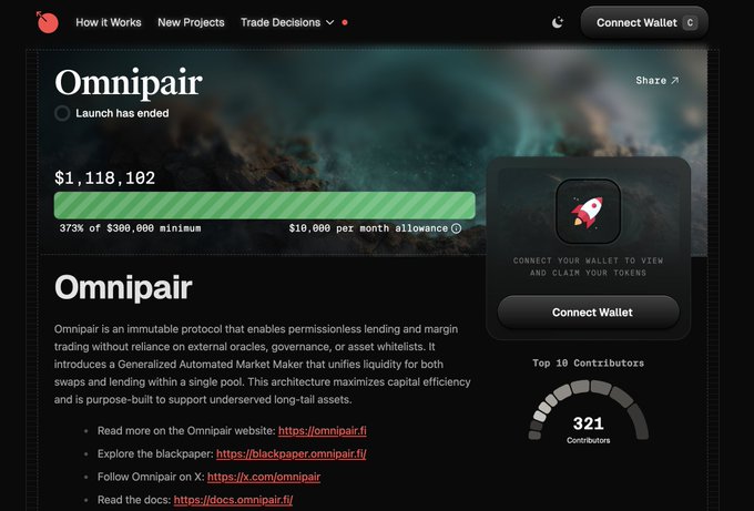 Omnipair ICO Dashboard showing $1,118,102 raised, 373% of $300,000 minimum