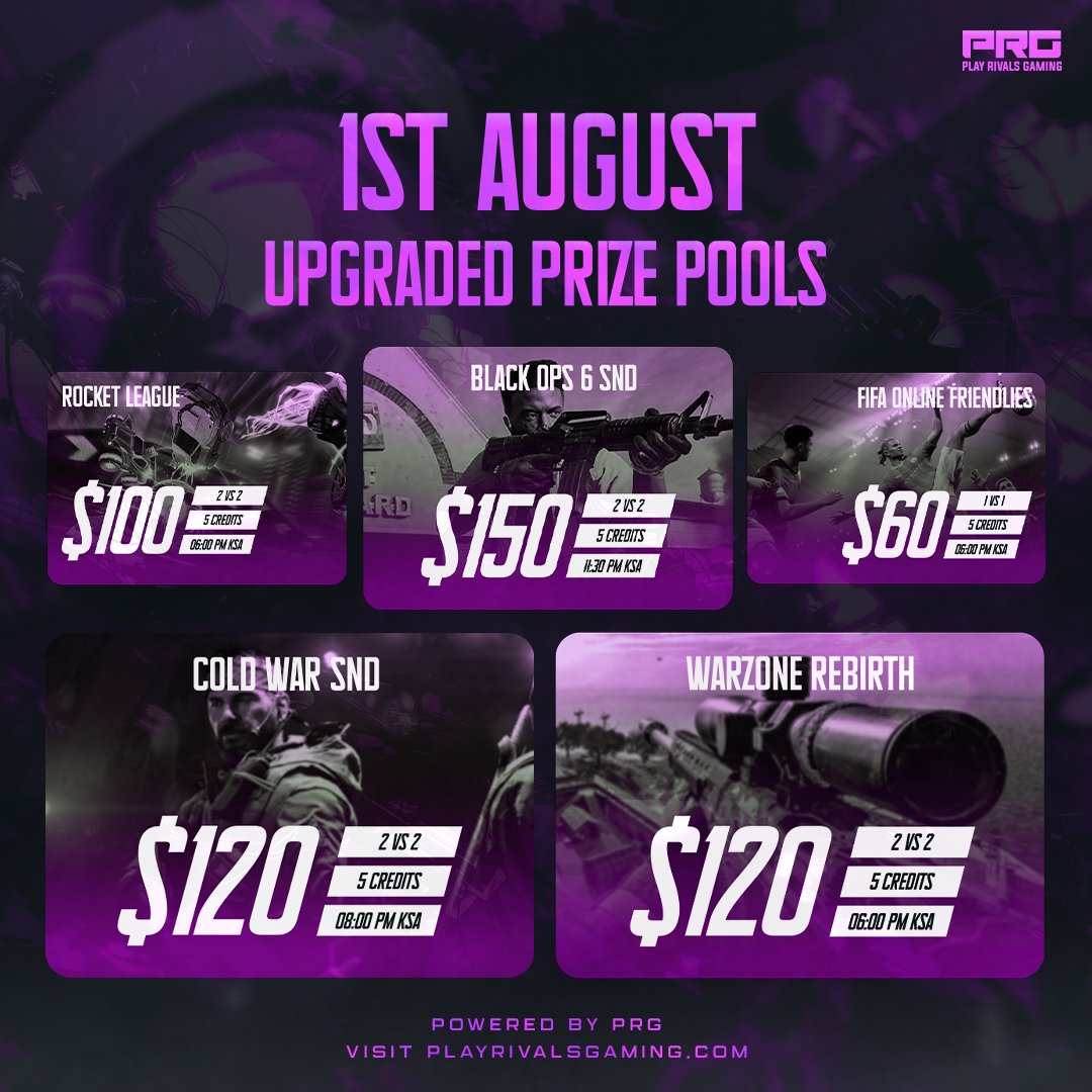 5 Tournaments. 1 Epic Day.
August 1st is your shot at glory 🏆

💰Prize pools up to $150 
⚔️ 2v2 &amp; 1v1 formats
🎟️ Entry: Just 5 Credits

Rise. Compete. Win.
Only on PRG 🎮

٥ بطولات بيوم واحد! 
١ أغسطس هو فرصتك تثبت نفسك 🏆

💰جوائز مالية توصل لـ 150 دولار 
⚔️ أنماط 2v2 و 1v1
🎟️