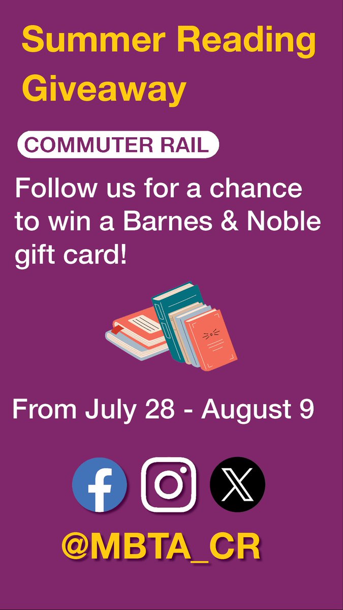 MBTA Commuter Rail (@mbta_cr) on Twitter photo 😎 📖 Our Summer Reading Giveaway is back!
💬 Tell us your current read on your MBTA Commuter Rail journey for a chance to win 💳 a <a href="/BNBuzz/">Barnes & Noble</a> gift card & 2 $10 weekend passes (send a picture 📸 of the book you're reading on the train for an extra entry)! 😎 📖 Our Summer Reading Giveaway is back!
💬 Tell us your current read on your MBTA Commuter Rail journey for a chance to win 💳 a <a href="/BNBuzz/">Barnes & Noble</a> gift card & 2 $10 weekend passes (send a picture 📸 of the book you're reading on the train for an extra entry)!